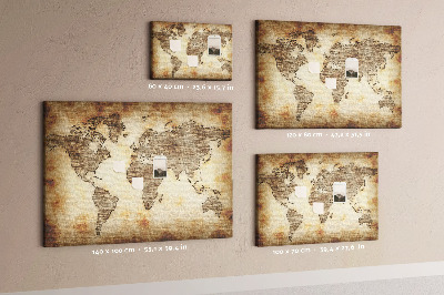 Bacheca in sughero con stampa di una vecchia mappa del mondo su tela