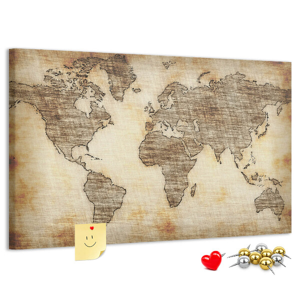 Bacheca in sughero con stampa di una vecchia mappa del mondo su tela