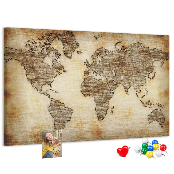 Bacheca in sughero con stampa di una vecchia mappa del mondo su tela