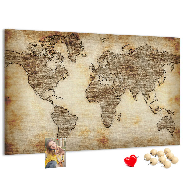 Bacheca in sughero con stampa di una vecchia mappa del mondo su tela
