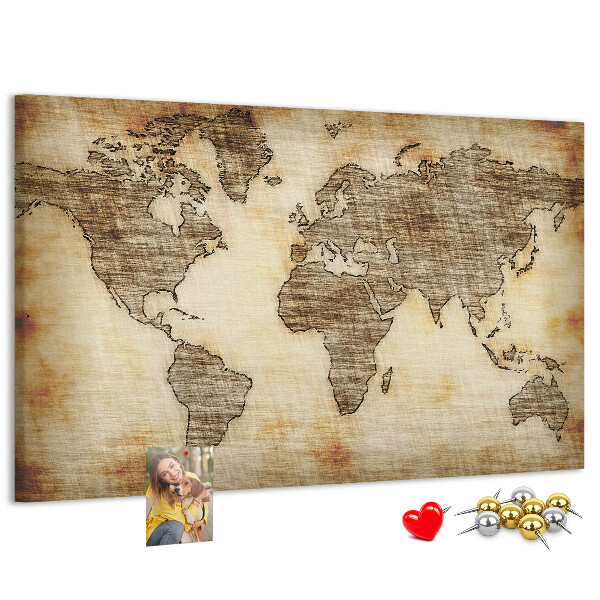 Bacheca in sughero con stampa di una vecchia mappa del mondo su tela