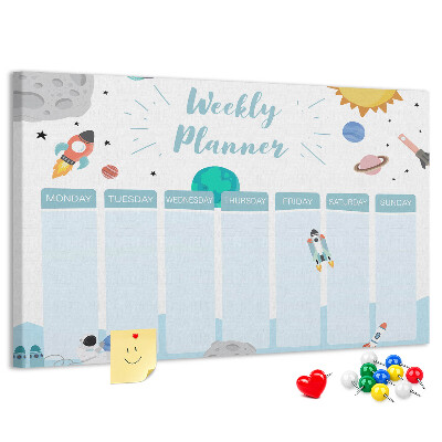Bacheca in sughero calendario settimanale con design spaziale e razzi