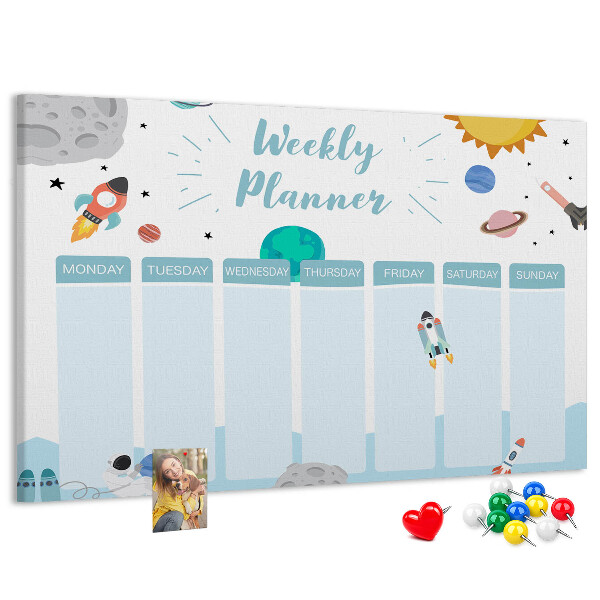 Bacheca in sughero calendario settimanale con design spaziale e razzi