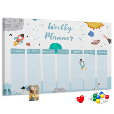 Bacheca in sughero calendario settimanale con design spaziale e razzi