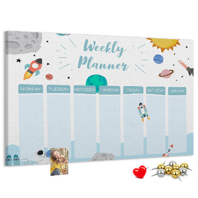 Bacheca in sughero calendario settimanale con design spaziale e razzi