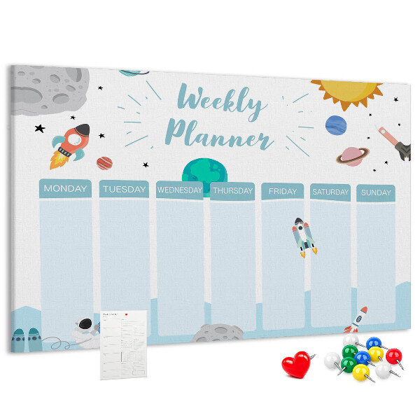 Bacheca in sughero calendario settimanale con design spaziale e razzi