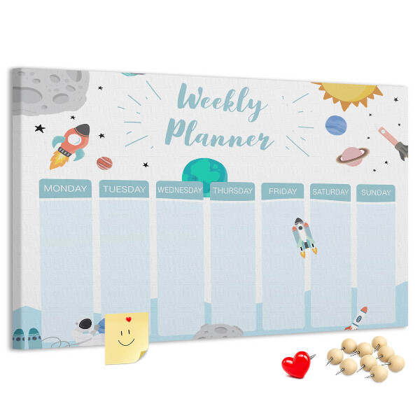 Bacheca in sughero calendario settimanale con design spaziale e razzi