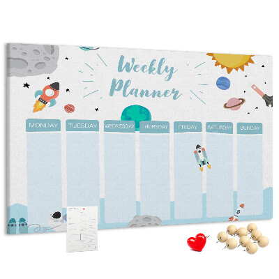 Bacheca in sughero calendario settimanale con design spaziale e razzi