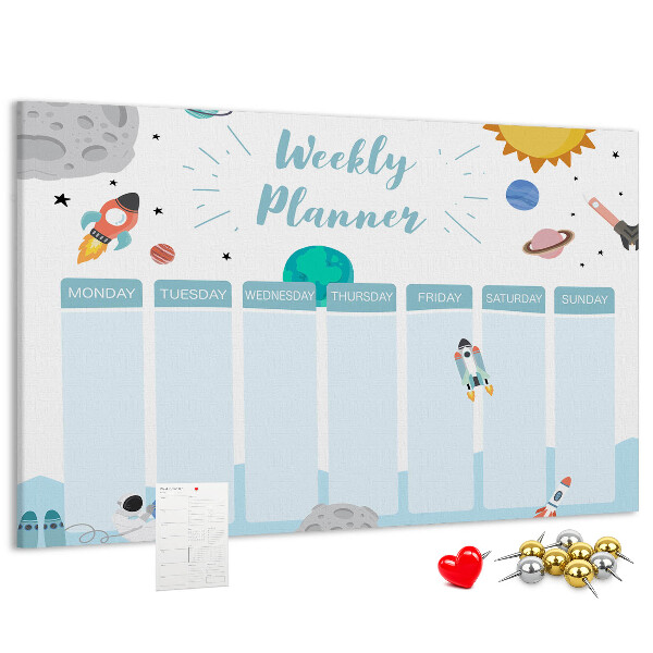 Bacheca in sughero calendario settimanale con design spaziale e razzi