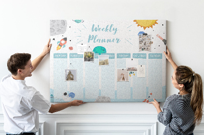 Bacheca in sughero calendario settimanale con design spaziale e razzi
