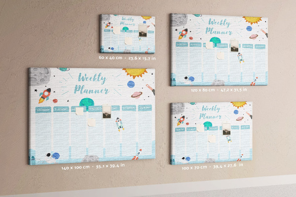 Bacheca in sughero calendario settimanale con design spaziale e razzi