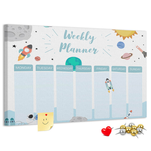 Bacheca in sughero calendario settimanale con design spaziale e razzi