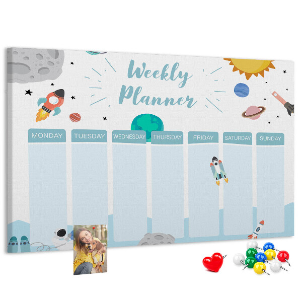 Bacheca in sughero calendario settimanale con design spaziale e razzi
