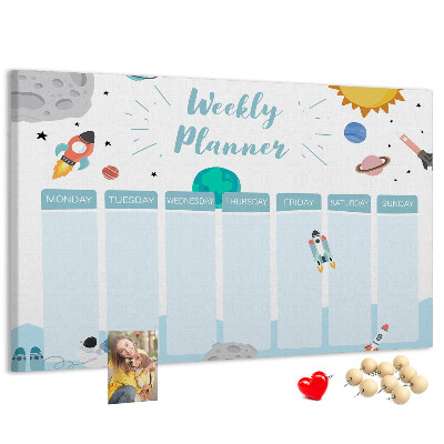 Bacheca in sughero calendario settimanale con design spaziale e razzi