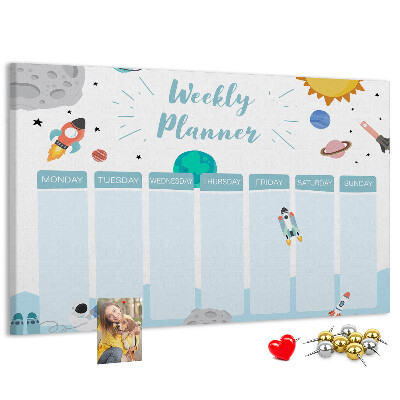 Bacheca in sughero calendario settimanale con design spaziale e razzi
