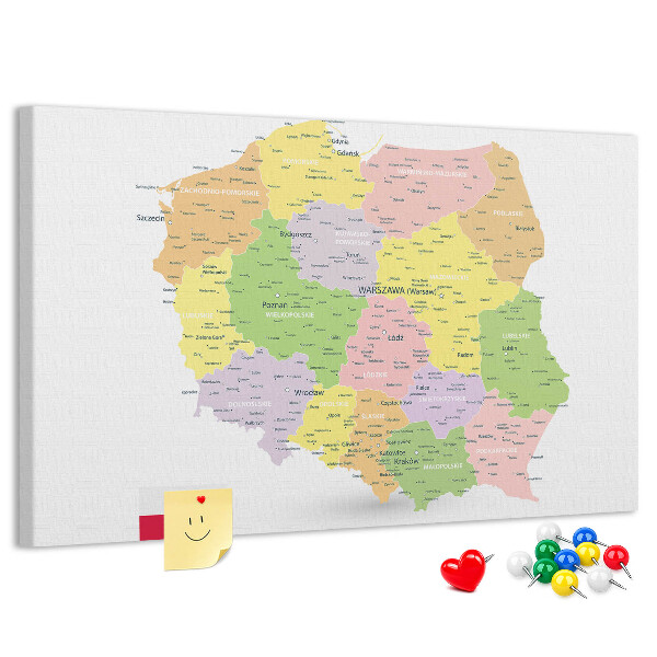 Lavagna di sughero mappa della Polonia con suddivisione amministrativa