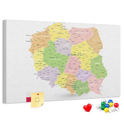 Lavagna di sughero mappa della Polonia con suddivisione amministrativa