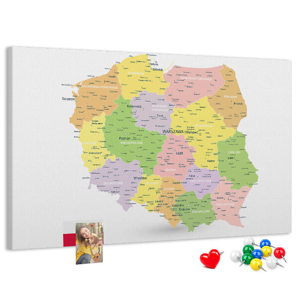 Lavagna di sughero mappa della Polonia con suddivisione amministrativa