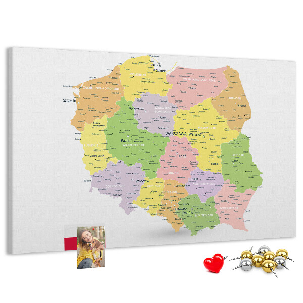 Lavagna di sughero mappa della Polonia con suddivisione amministrativa