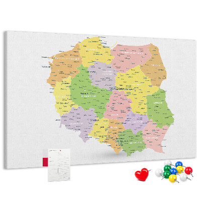 Lavagna di sughero mappa della Polonia con suddivisione amministrativa