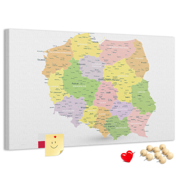 Lavagna di sughero mappa della Polonia con suddivisione amministrativa