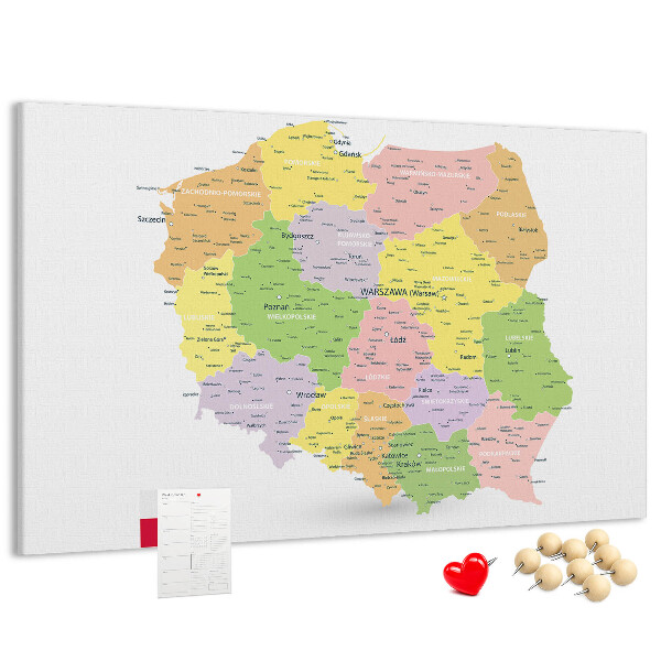 Lavagna di sughero mappa della Polonia con suddivisione amministrativa