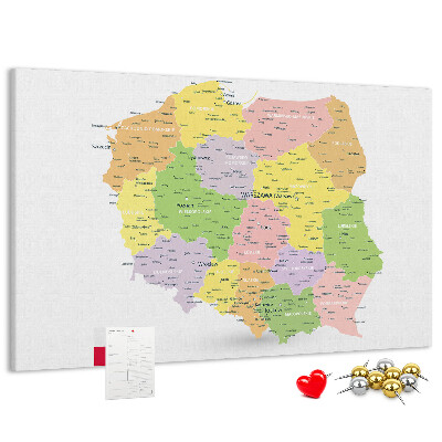Lavagna di sughero mappa della Polonia con suddivisione amministrativa