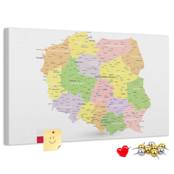 Lavagna di sughero mappa della Polonia con suddivisione amministrativa