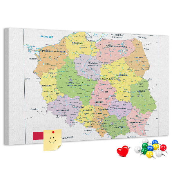 Bacheca in sughero mappa della Polonia con voivodati colorati