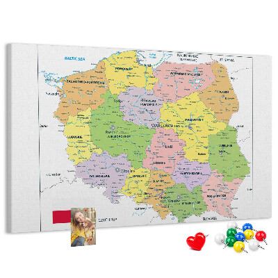 Bacheca in sughero mappa della Polonia con voivodati colorati