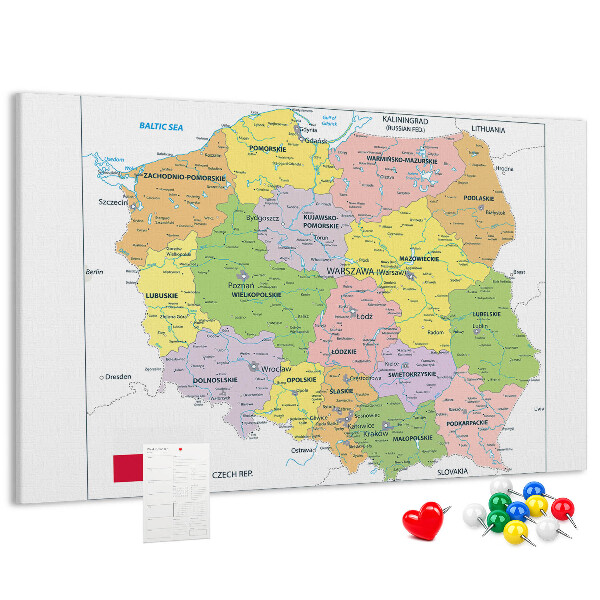 Bacheca in sughero mappa della Polonia con voivodati colorati