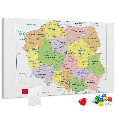 Bacheca in sughero mappa della Polonia con voivodati colorati