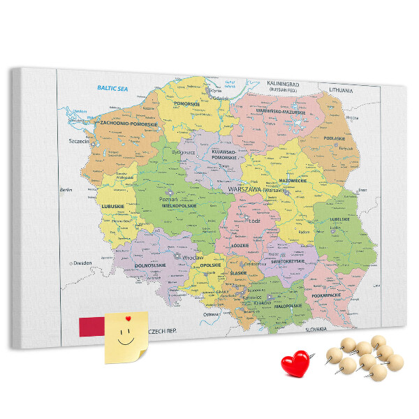 Bacheca in sughero mappa della Polonia con voivodati colorati