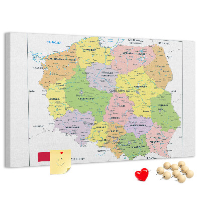 Bacheca in sughero mappa della Polonia con voivodati colorati