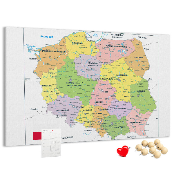 Bacheca in sughero mappa della Polonia con voivodati colorati