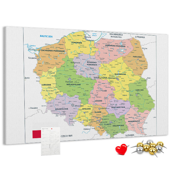 Bacheca in sughero mappa della Polonia con voivodati colorati