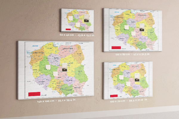 Bacheca in sughero mappa della Polonia con voivodati colorati