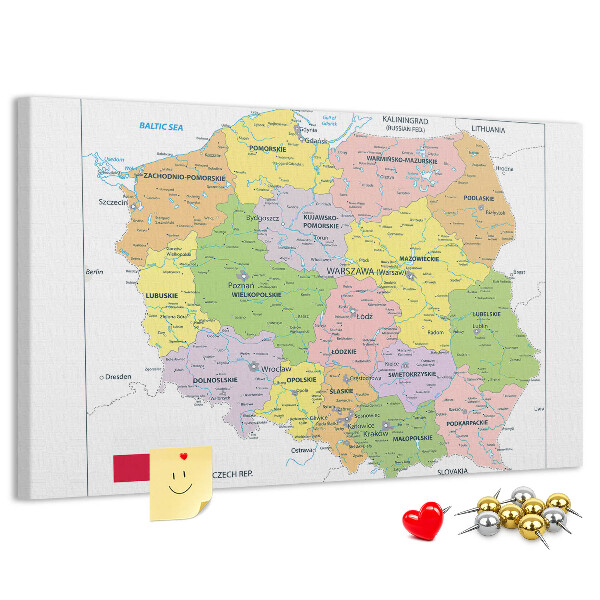 Bacheca in sughero mappa della Polonia con voivodati colorati