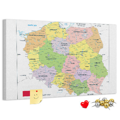 Bacheca in sughero mappa della Polonia con voivodati colorati