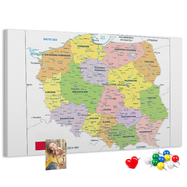 Bacheca in sughero mappa della Polonia con voivodati colorati