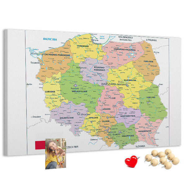 Bacheca in sughero mappa della Polonia con voivodati colorati