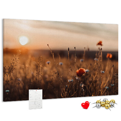 Bacheca in sughero con stampa campo dorato di papaveri al tramonto