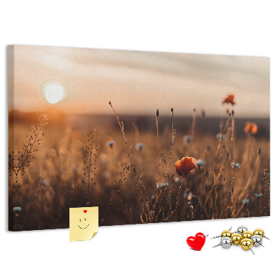 Bacheca in sughero con stampa campo dorato di papaveri al tramonto