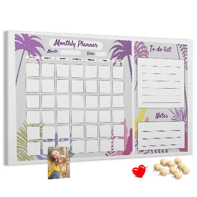 Bacheca in sughero calendario mensile con stampa di piante tropicali