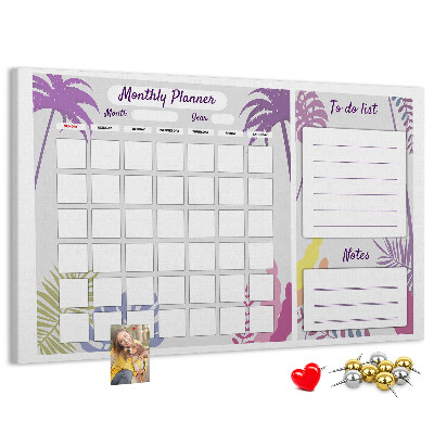 Bacheca in sughero calendario mensile con stampa di piante tropicali