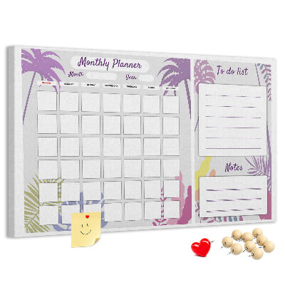 Bacheca in sughero calendario mensile con stampa di piante tropicali