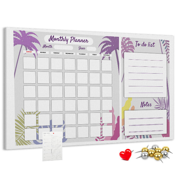 Bacheca in sughero calendario mensile con stampa di piante tropicali