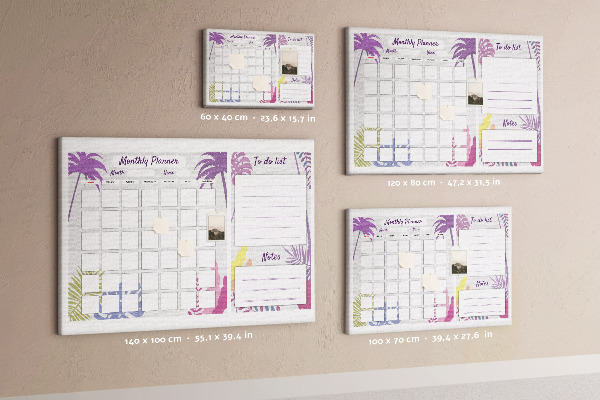 Bacheca in sughero calendario mensile con stampa di piante tropicali
