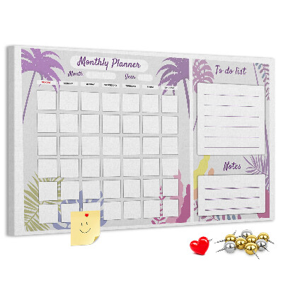 Bacheca in sughero calendario mensile con stampa di piante tropicali