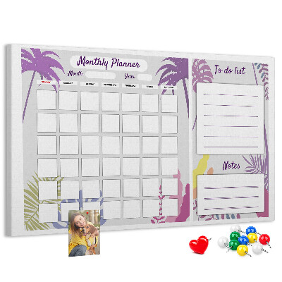 Bacheca in sughero calendario mensile con stampa di piante tropicali